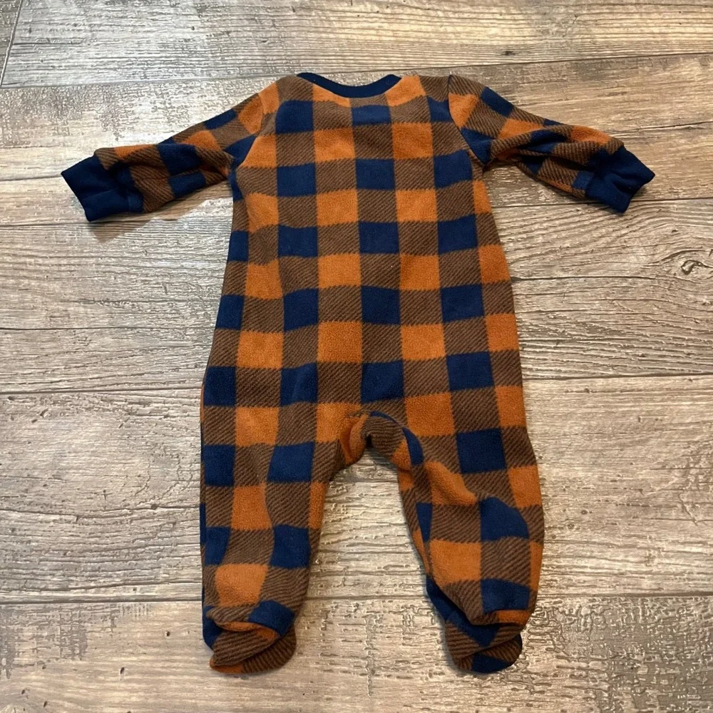 Carters Baby Boys 3M Fleece Footed Pajamas Buffalo Plaid Bison Blue Orange‎ 3 Mo